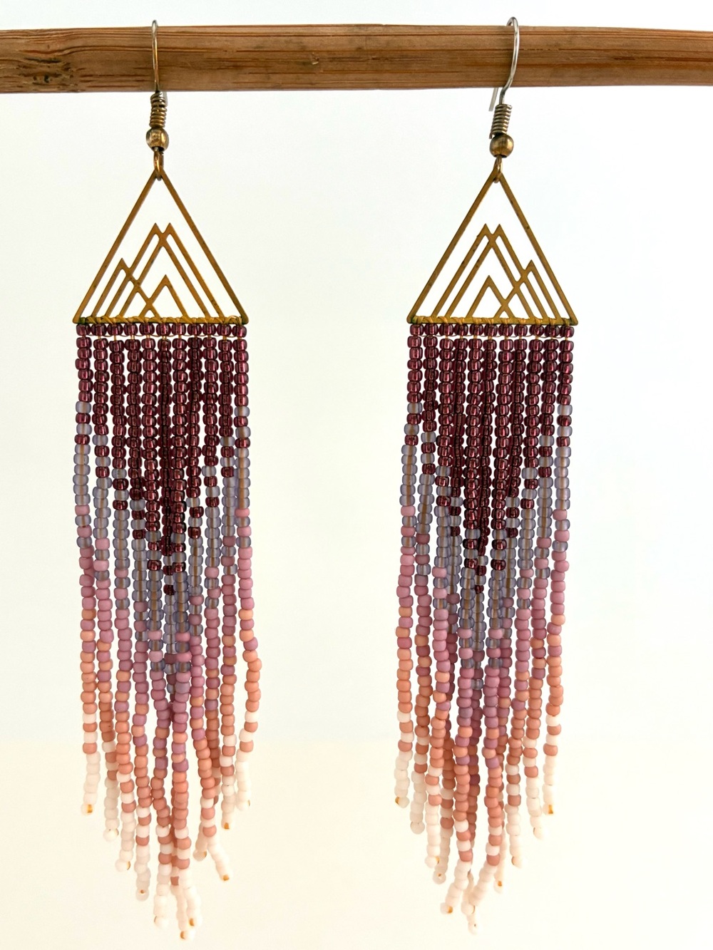 Handcrafted Boho-Chic Gradient Seed Bead Fringe Earrings with Gold Triangles